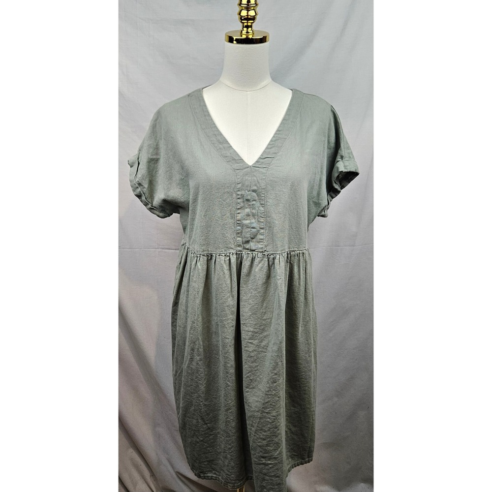 dip Women's Size L Sage Green Linen Blend V Neck Tiered Dress‎ Boho Lagenlook